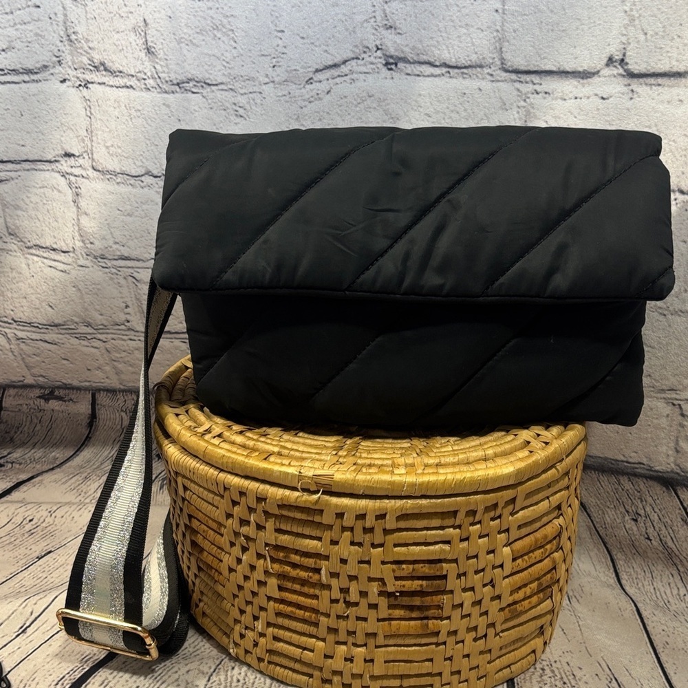 Cejon Black Quilted Crossbody Bag with Silver Strap